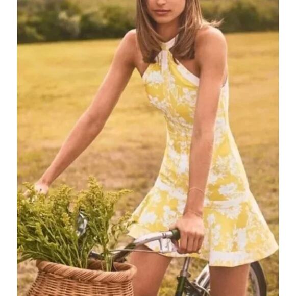 Alexis Dress Medium Alexis Solana Citrus Floral Mini Yellow Jacquard Halter Sexy - Picture 1 of 15